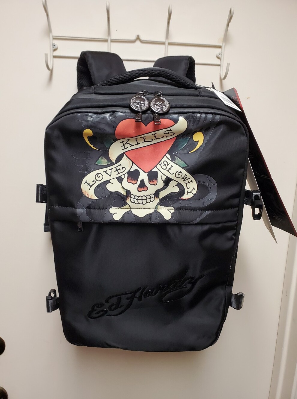 Ed Hardy Love Kills Sli Backpack with Red Heart & Tattoo Skull Graphic